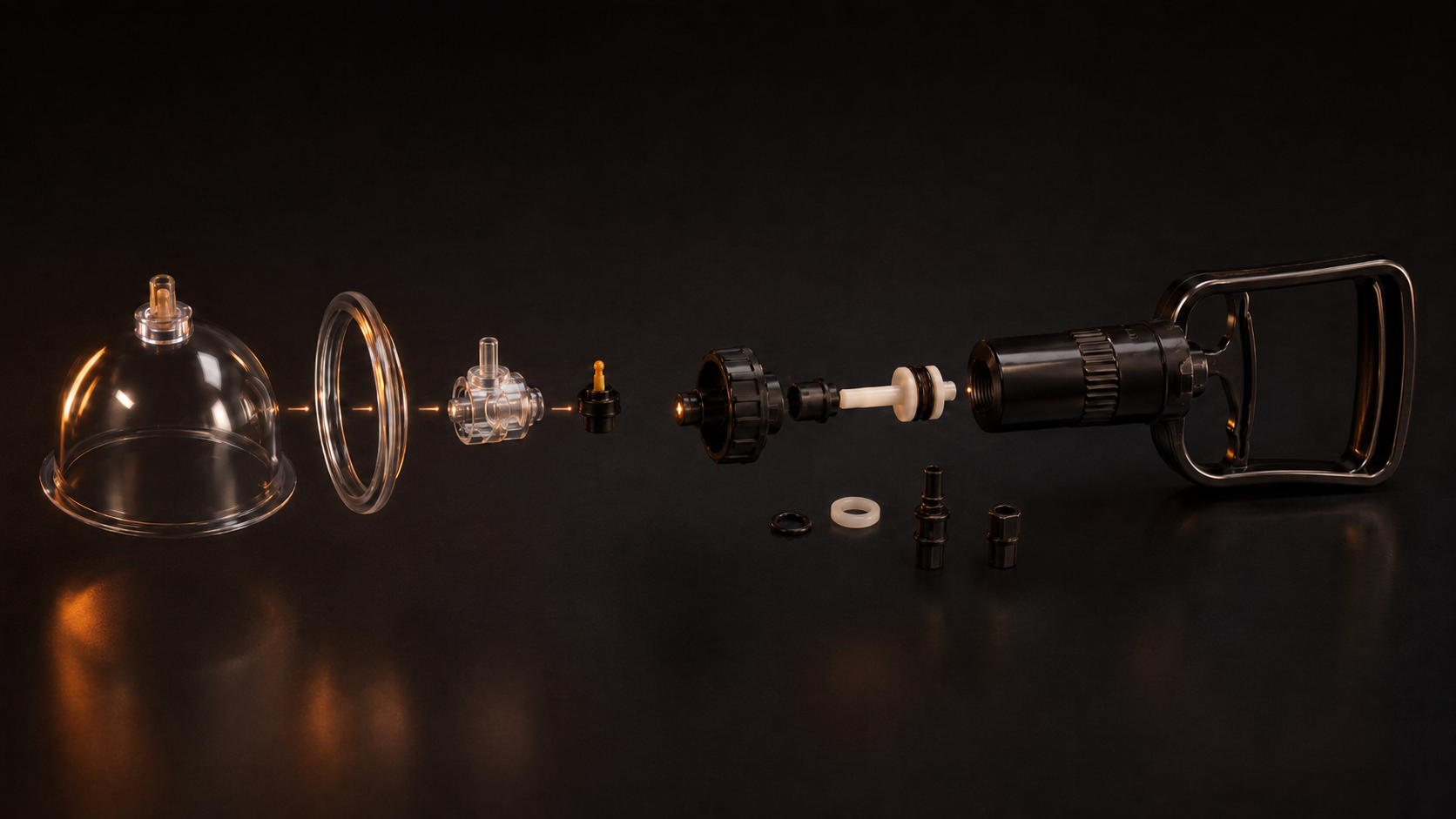 Deconstructed cupping equipment — cup, valve, pump and components